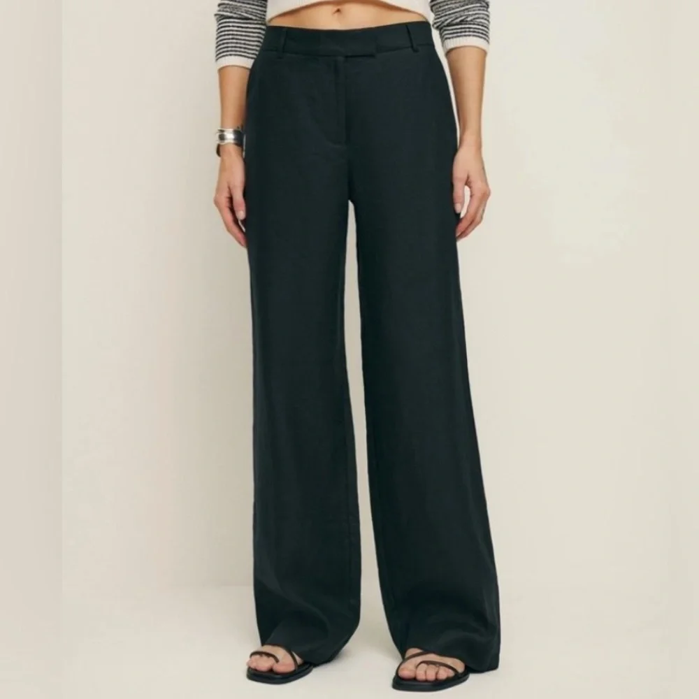 Reformation Carter Mid Rise Wide Leg Linen Trouser Pant Black size 4 Petite